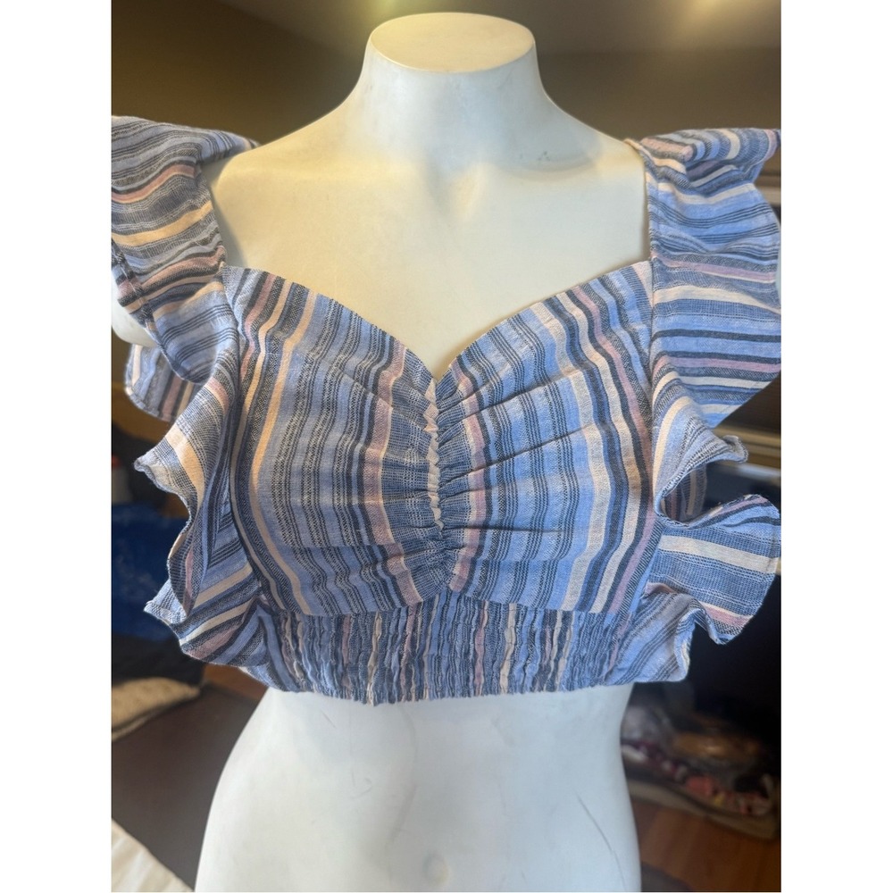 Storia 100% Cotton Stripe Ruffle Crop Top Blue Smocked Flutter Sleeve Boho